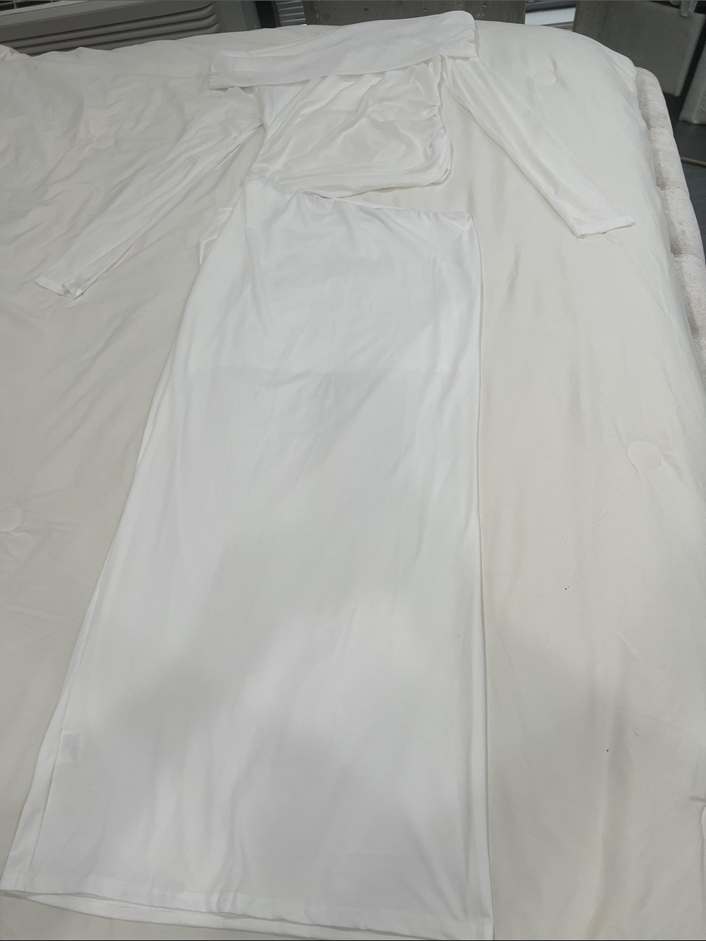 Off-Shoulder White Evening Gown with Sheer Bodice - Picture 3 of 5